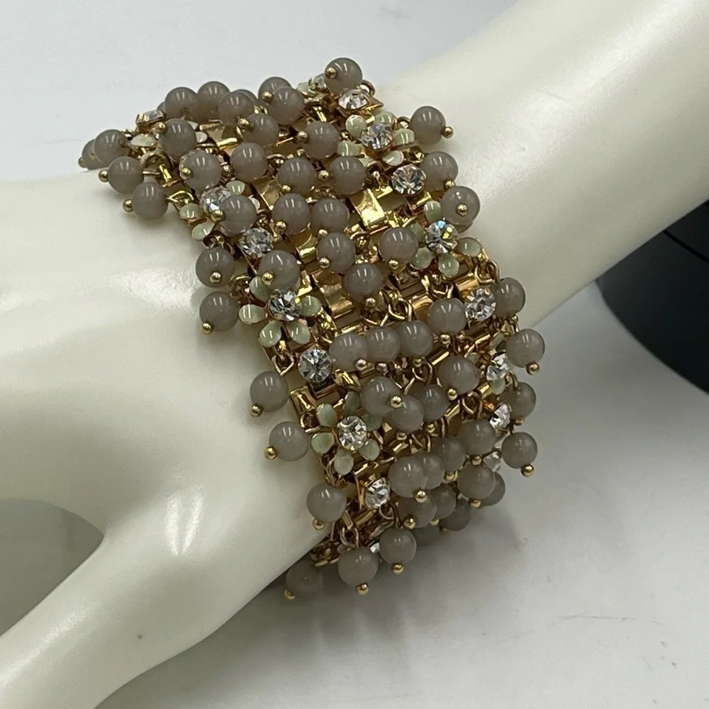 J.Crew Cluster Crystal Flowers Grey Lucite Beads Signed‎ Statement Bracelet